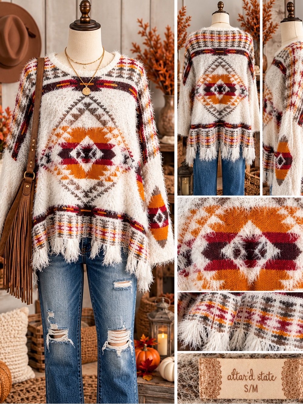 Altar’d State S/M Fuzzy Southwestern Aztec Boho Fringe Eyelash Knit Sweater
